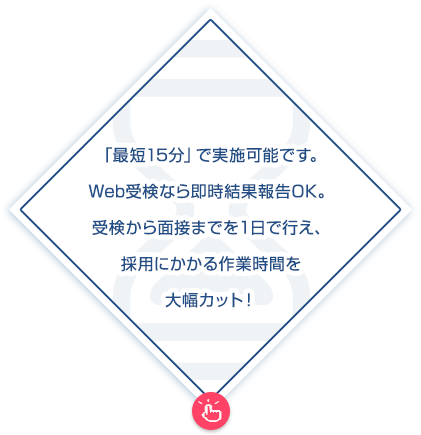 「最短15分」で実施可能です。Web受検なら即時結果報告OK。受検から面接までを１日で行え、採用にかかる作業時間を大幅カット！