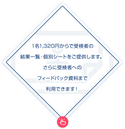 1名1,200円からで受検者の結果一覧・個別シートをご提供します。さらに受検者へのフィードバック資料まで利用できます！